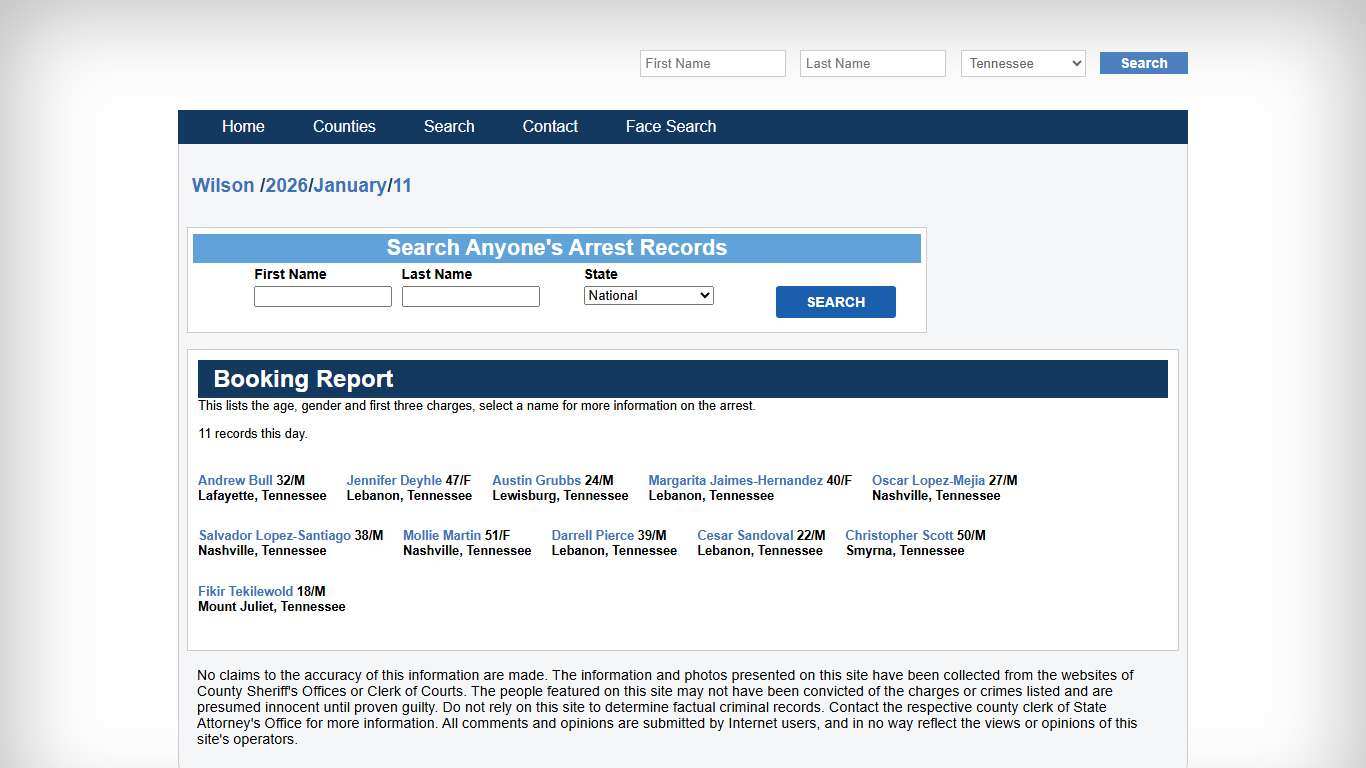 Wilson County Arrest report January, 11 2026